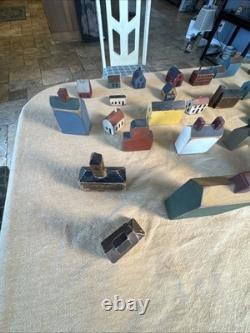 Primitive Folk Art Wood Block Village Houses Set Of 26 Handmade Painted