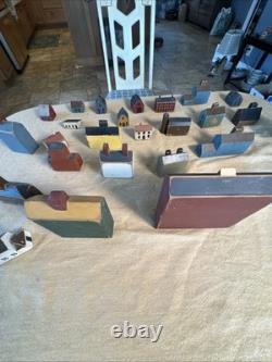 Primitive Folk Art Wood Block Village Houses Set Of 26 Handmade Painted