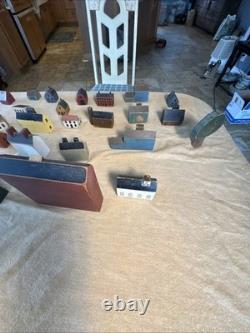 Primitive Folk Art Wood Block Village Houses Set Of 26 Handmade Painted