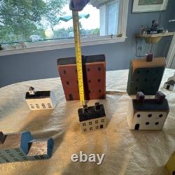 Primitive Folk Art Wood Block Village Houses Set Of 26 Handmade Painted