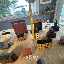Primitive Folk Art Wood Block Village Houses Set Of 26 Handmade Painted