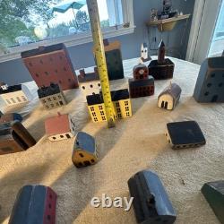 Primitive Folk Art Wood Block Village Houses Set Of 26 Handmade Painted