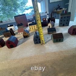 Primitive Folk Art Wood Block Village Houses Set Of 26 Handmade Painted