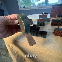 Primitive Folk Art Wood Block Village Houses Set Of 26 Handmade Painted
