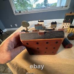 Primitive Folk Art Wood Block Village Houses Set Of 26 Handmade Painted