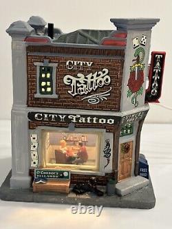 RARE Lemax City Tattoo Lighted Christmas Village House + Figures Coventry Cove
