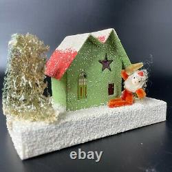 RARE Vintage Christmas Putz Coconut House Chenille Pipe Cleaner Santa JAPAN Mica