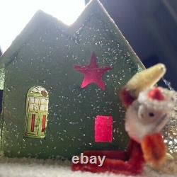 RARE Vintage Christmas Putz Coconut House Chenille Pipe Cleaner Santa JAPAN Mica