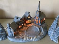 Rare Blue Glitter Large Light Up Christmas Village 7 pc set Works Vintage 1980s