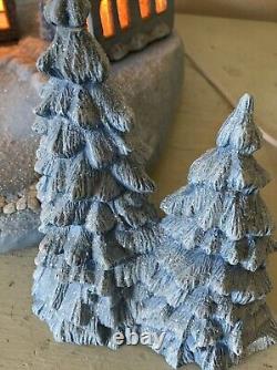 Rare Blue Glitter Large Light Up Christmas Village 7 pc set Works Vintage 1980s