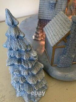 Rare Blue Glitter Large Light Up Christmas Village 7 pc set Works Vintage 1980s