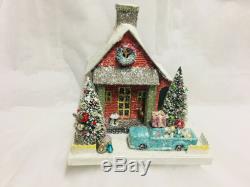 Red Farmhouse with Blue Pickup Truck Retro Christmas Mantel Village House