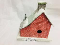 Red Farmhouse with Blue Pickup Truck Retro Christmas Mantel Village House