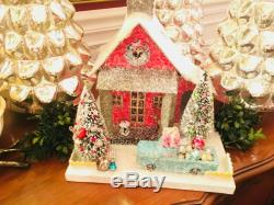 Red Farmhouse with Blue Pickup Truck Retro Christmas Mantel Village House