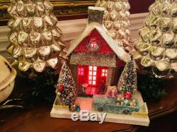 Red Farmhouse with Blue Pickup Truck Retro Christmas Mantel Village House