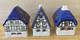 Set of 3 Vintage Ursula Leyk Tea Light Cottages`withBlue RoofsDated 1985 and 1988
