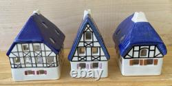 Set of 3 Vintage Ursula Leyk Tea Light Cottages`withBlue RoofsDated 1985 and 1988