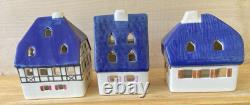 Set of 3 Vintage Ursula Leyk Tea Light Cottages`withBlue RoofsDated 1985 and 1988