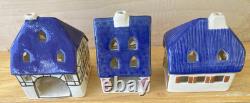 Set of 3 Vintage Ursula Leyk Tea Light Cottages`withBlue RoofsDated 1985 and 1988