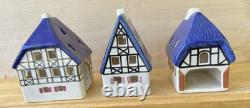 Set of 3 Vintage Ursula Leyk Tea Light Cottages`withBlue RoofsDated 1985 and 1988