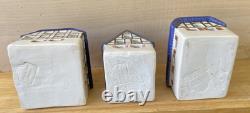 Set of 3 Vintage Ursula Leyk Tea Light Cottages`withBlue RoofsDated 1985 and 1988
