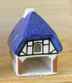 Set of 3 Vintage Ursula Leyk Tea Light Cottages`withBlue RoofsDated 1985 and 1988