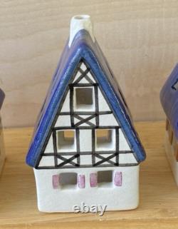 Set of 3 Vintage Ursula Leyk Tea Light Cottages`withBlue RoofsDated 1985 and 1988
