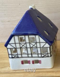 Set of 3 Vintage Ursula Leyk Tea Light Cottages`withBlue RoofsDated 1985 and 1988