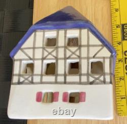 Set of 3 Vintage Ursula Leyk Tea Light Cottages`withBlue RoofsDated 1985 and 1988