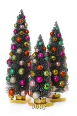 Silver Bottle Brush Christmas Trees with Rainbow Balls 11.5-18.5 Set of 3