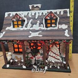 Snowman Log Cabin Home Interiors FiberOptic Lighted Christmas Scene IN BOX Works