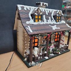 Snowman Log Cabin Home Interiors FiberOptic Lighted Christmas Scene IN BOX Works