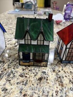 Tiffany Style Lighted Stained Glass Cathedral Vintage Christmas Village Set