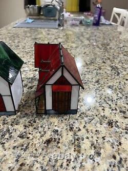 Tiffany Style Lighted Stained Glass Cathedral Vintage Christmas Village Set