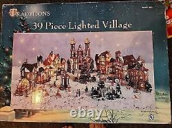 VINTAGE CHRISTMAS VILLAGE TRADITIONS 39 PIECE LIGHTED with BOX COMPLETE. G. C