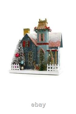 Victorian Dark Blue Cottage with Fawn Deer 12.5 Christmas House