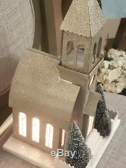 Village Church Chapel Lighted Champagne Glitter Cardboard with Bush Trees 16x8.5