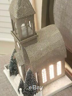 Village Church Chapel Lighted Champagne Glitter Cardboard with Bush Trees 16x8.5