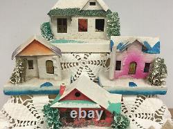 Vintage 7pc Japan Putz MCM 3.5x4 Houses Bottle Brush Trees Christmas Village