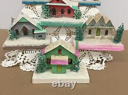 Vintage 7pc Japan Putz MCM 3.5x4 Houses Bottle Brush Trees Christmas Village