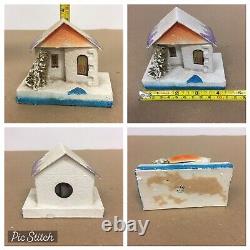 Vintage 7pc Japan Putz MCM 3.5x4 Houses Bottle Brush Trees Christmas Village