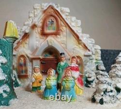Vintage Chalkware On Board Christmas Diorama Carolers In Front Of Church Rare
