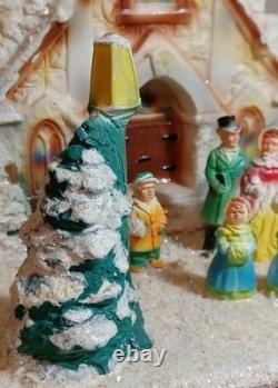 Vintage Chalkware On Board Christmas Diorama Carolers In Front Of Church Rare