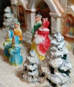 Vintage Chalkware On Board Christmas Diorama Carolers In Front Of Church Rare