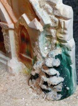 Vintage Chalkware On Board Christmas Diorama Carolers In Front Of Church Rare