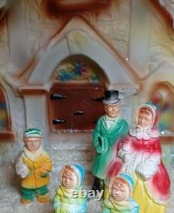 Vintage Chalkware On Board Christmas Diorama Carolers In Front Of Church Rare