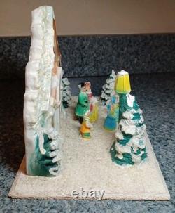 Vintage Chalkware On Board Christmas Diorama Carolers In Front Of Church Rare