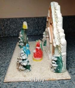 Vintage Chalkware On Board Christmas Diorama Carolers In Front Of Church Rare