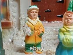 Vintage Chalkware On Board Christmas Diorama Carolers In Front Of Church Rare