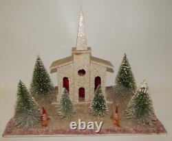 Vintage Christmas Cardboard Mica Putz Large Church Bottlebrush Trees Display